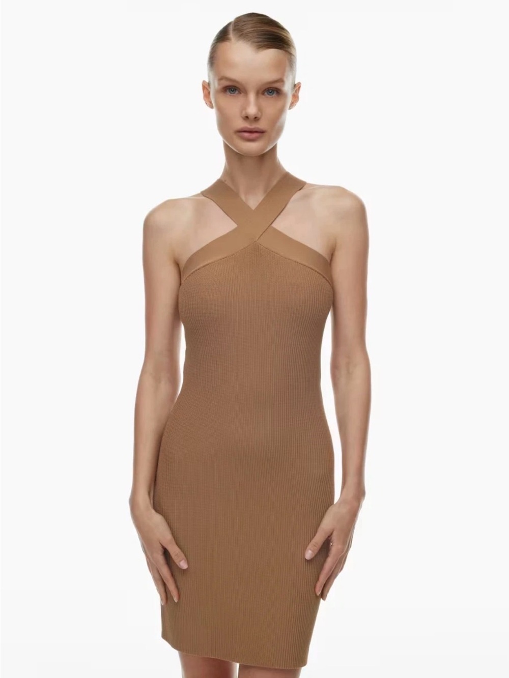 Babaton One-Shoulder Ribbed Sheath Dress in Camel